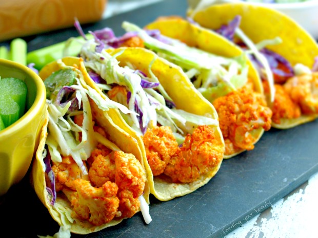 Spicy Buffalo Cauliflower Tacos with Cool Ranch Slaw - Vegan, Oil Free, Gluten Free