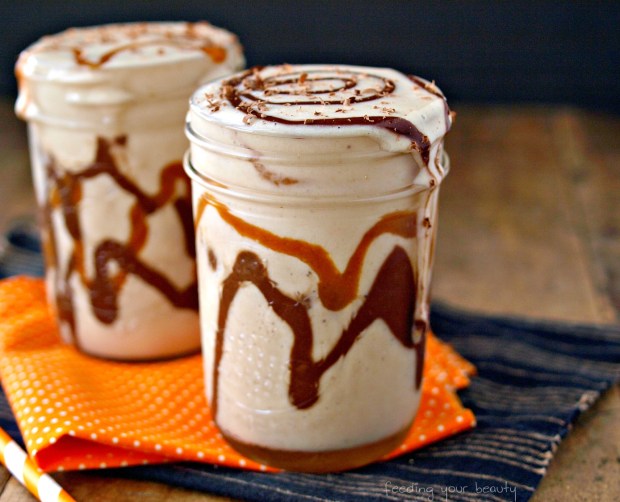 Lucuma Vanilla Protein Milkshake with Pumpkin Spice and Chocolate Espresso Syrup - Vegan, Refined Sugar Free, Low Fat