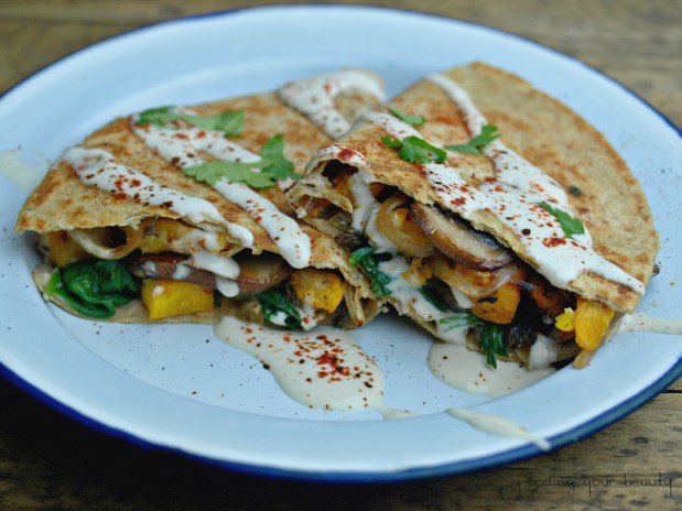 Roasted Pumpkin Quesadillas with Ancho Chili Cream