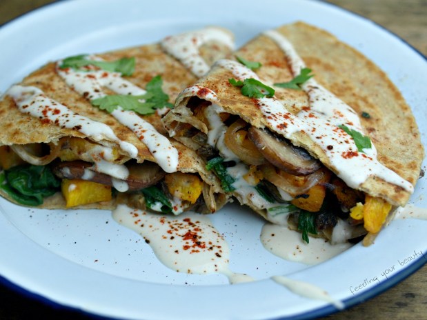 Roasted Pumpkin Quesadilla with Ancho Cashew Cream